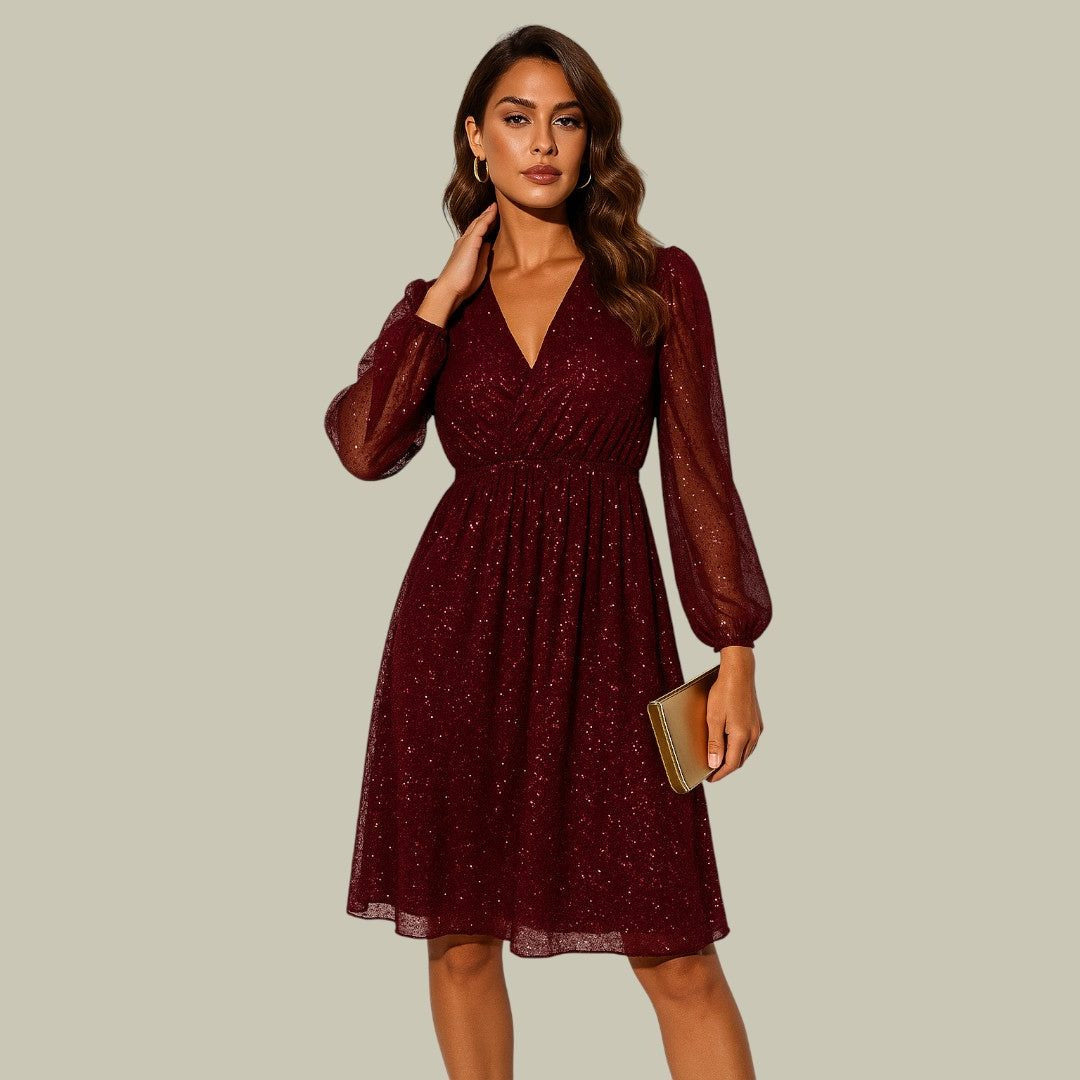Pailletten Kleid mit V-Ausschnitt und A-Linie für Damen
