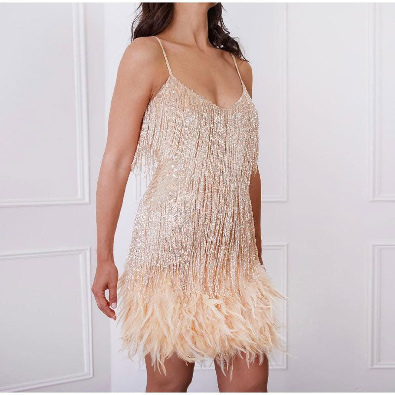 Pailletten Kleid mit V-Ausschnitt und Federsaum für Damen