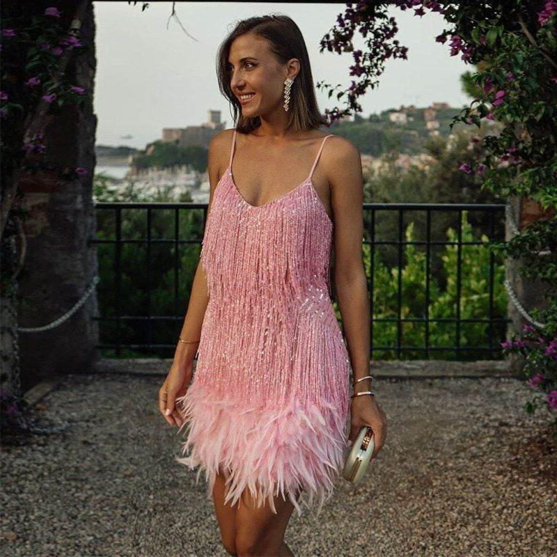 Pailletten Kleid mit V-Ausschnitt und Federsaum für Damen