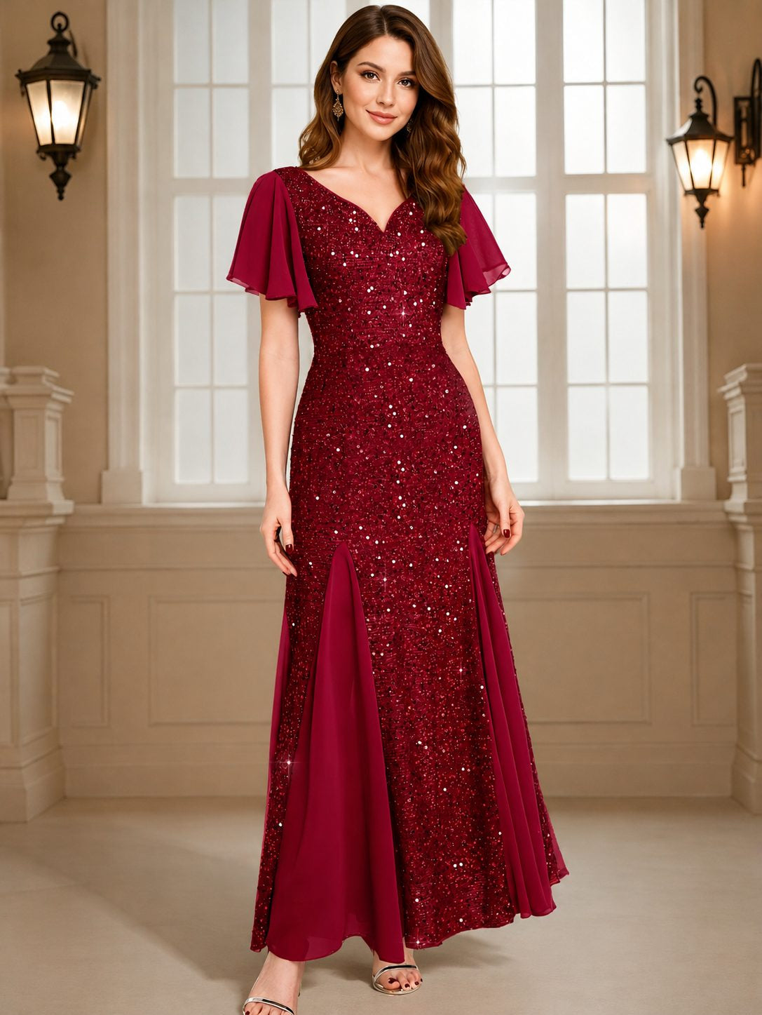 Pailletten Kleid mit V-Ausschnitt und Flatterärmeln für Damen