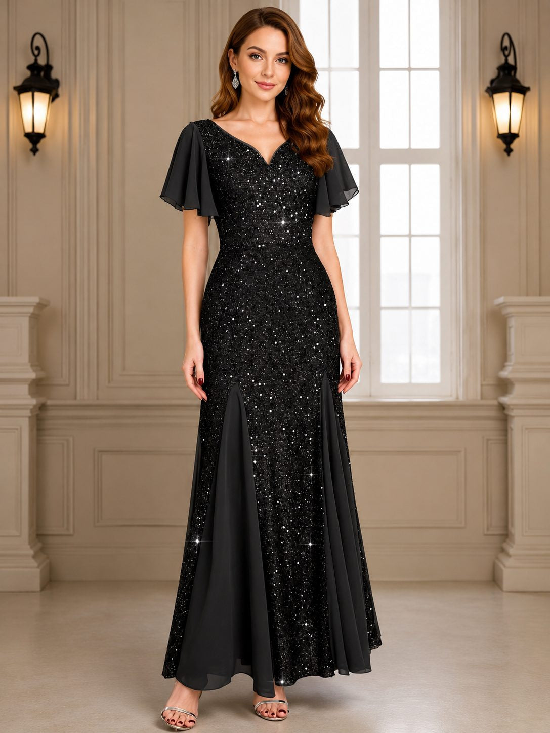 Pailletten Kleid mit V-Ausschnitt und Flatterärmeln für Damen