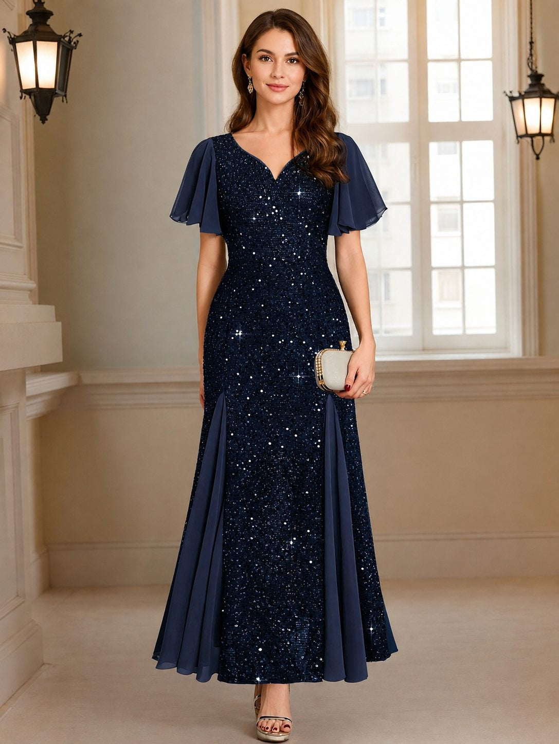 Pailletten Kleid mit V-Ausschnitt und Flatterärmeln für Damen