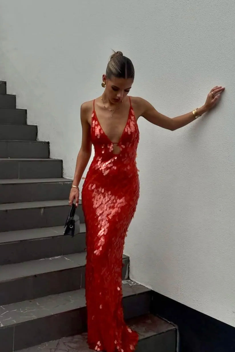 Pailletten Kleid mit V-Ausschnitt und Schleppe für Damen