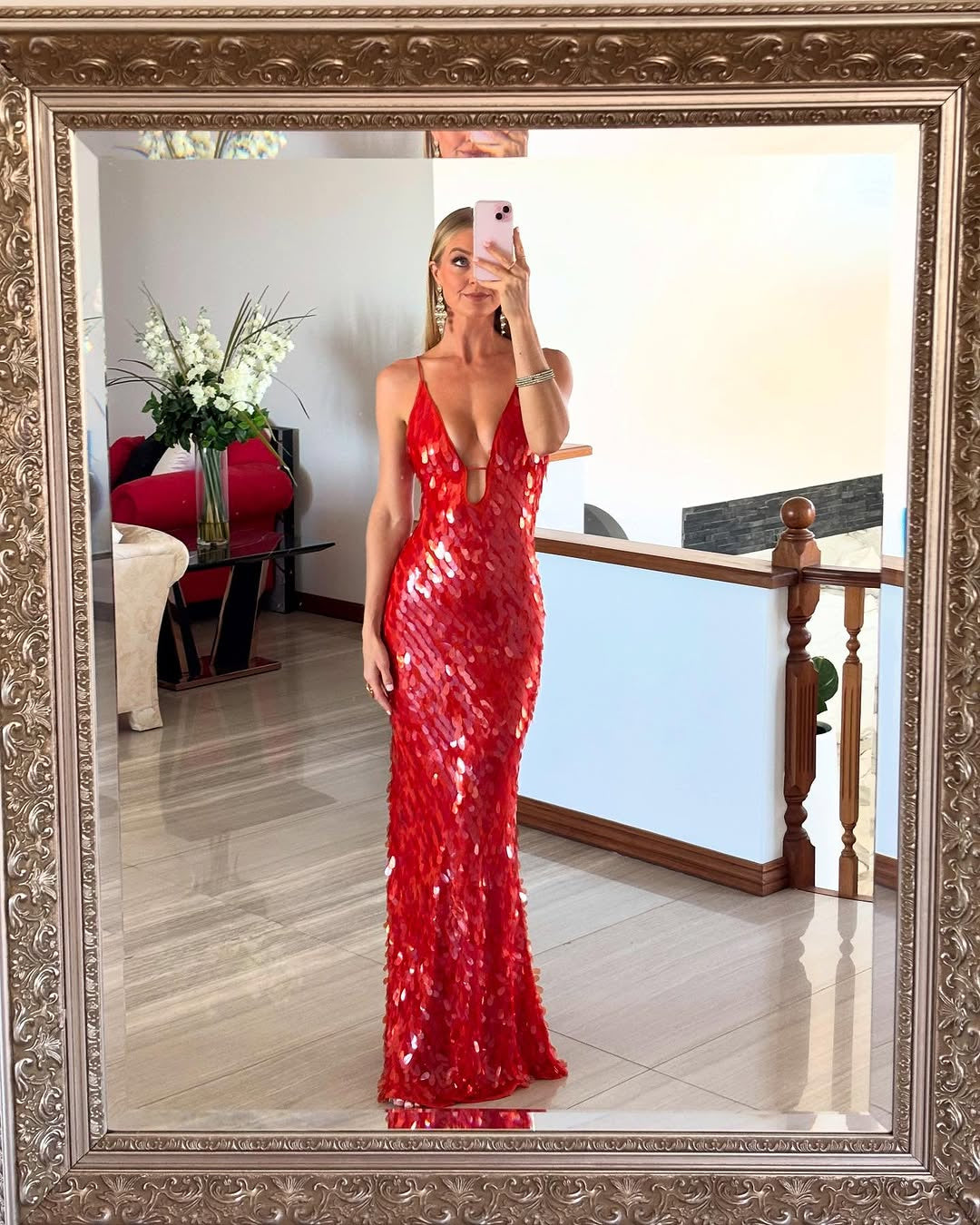Pailletten Kleid mit V-Ausschnitt und Schleppe für Damen