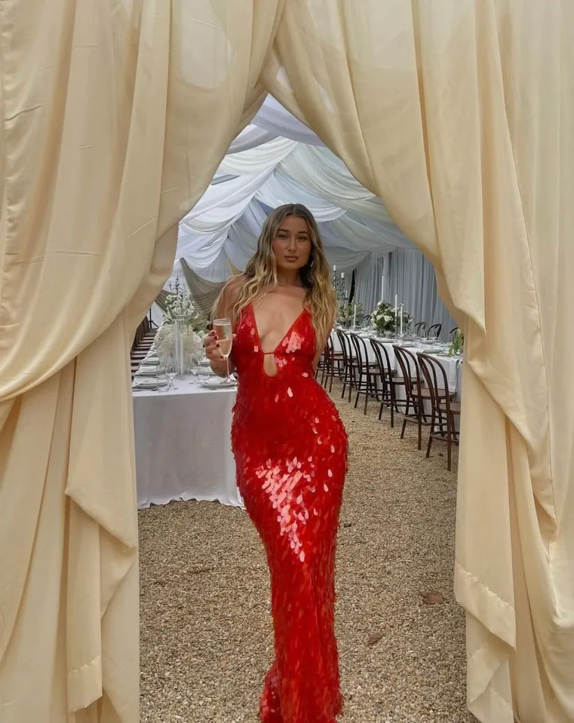 Pailletten Kleid mit V-Ausschnitt und Schleppe für Damen