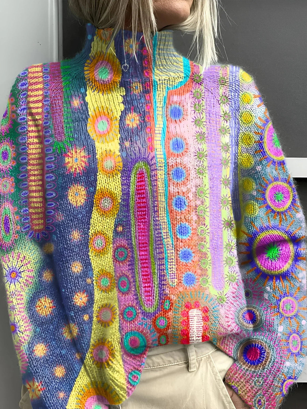 Pullis Damen Bunter Strickpullover mit Rollkragen und Allover-Muster