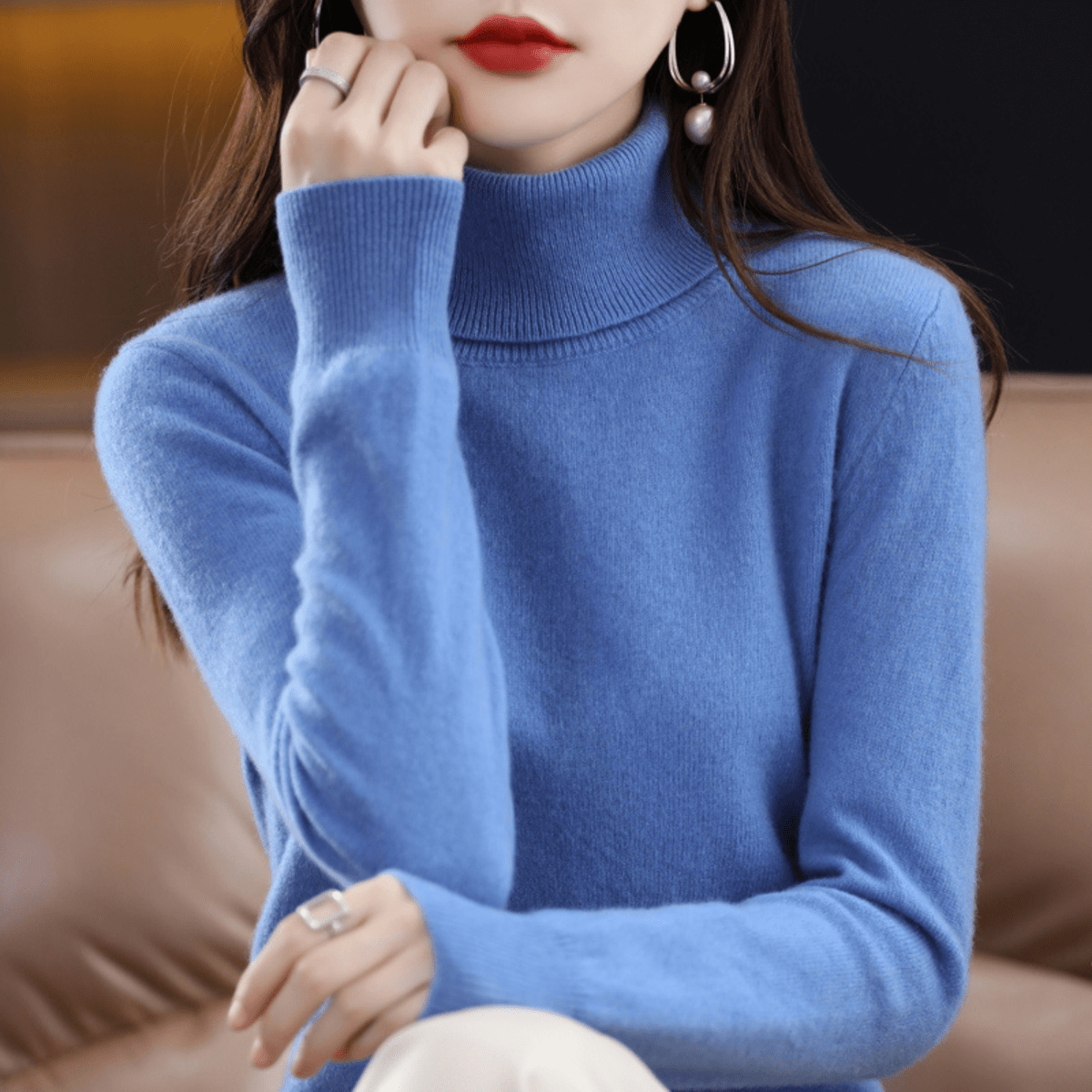 Pullis Damen Klassischer Warmer Strickpullover mit Rollkragen