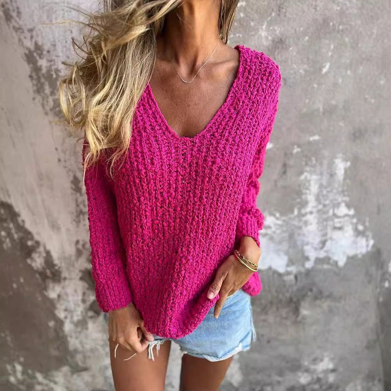 Pullis Damen Loose Fit Pullover mit V-Ausschnitt und Häkelstruktur