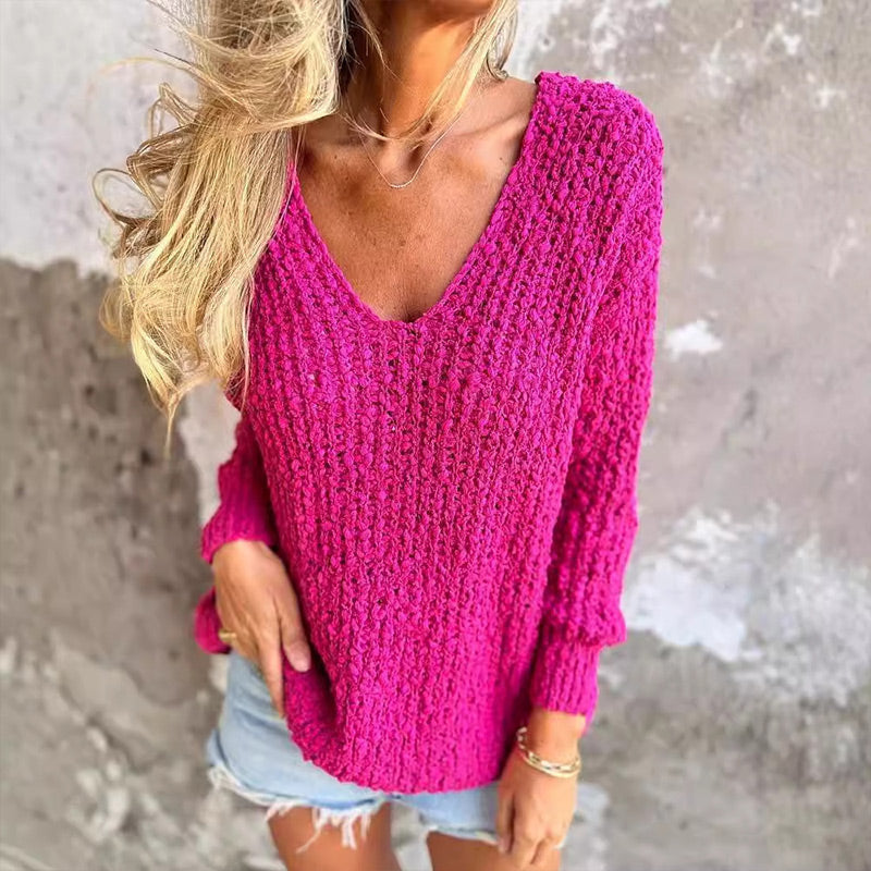 Pullis Damen Loose Fit Pullover mit V-Ausschnitt und Häkelstruktur