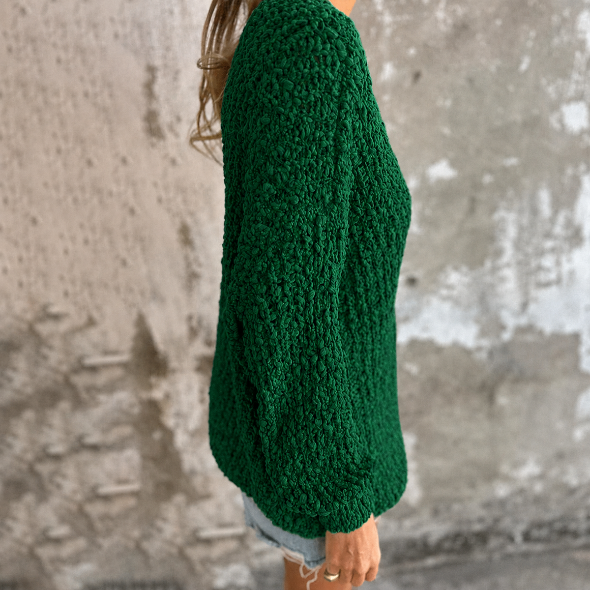 Pullis Damen Loose Fit Pullover mit V-Ausschnitt und Häkelstruktur