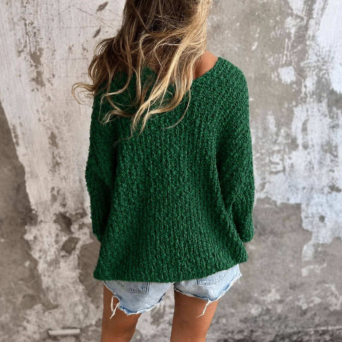 Pullis Damen Loose Fit Pullover mit V-Ausschnitt und Häkelstruktur