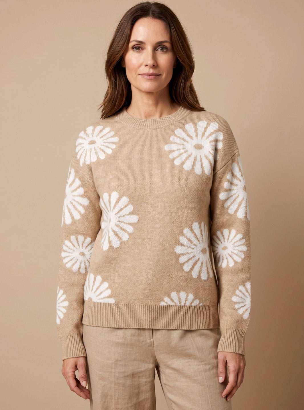Pullis Damen Strickpullover mit Blumenmuster und lockerer Passform