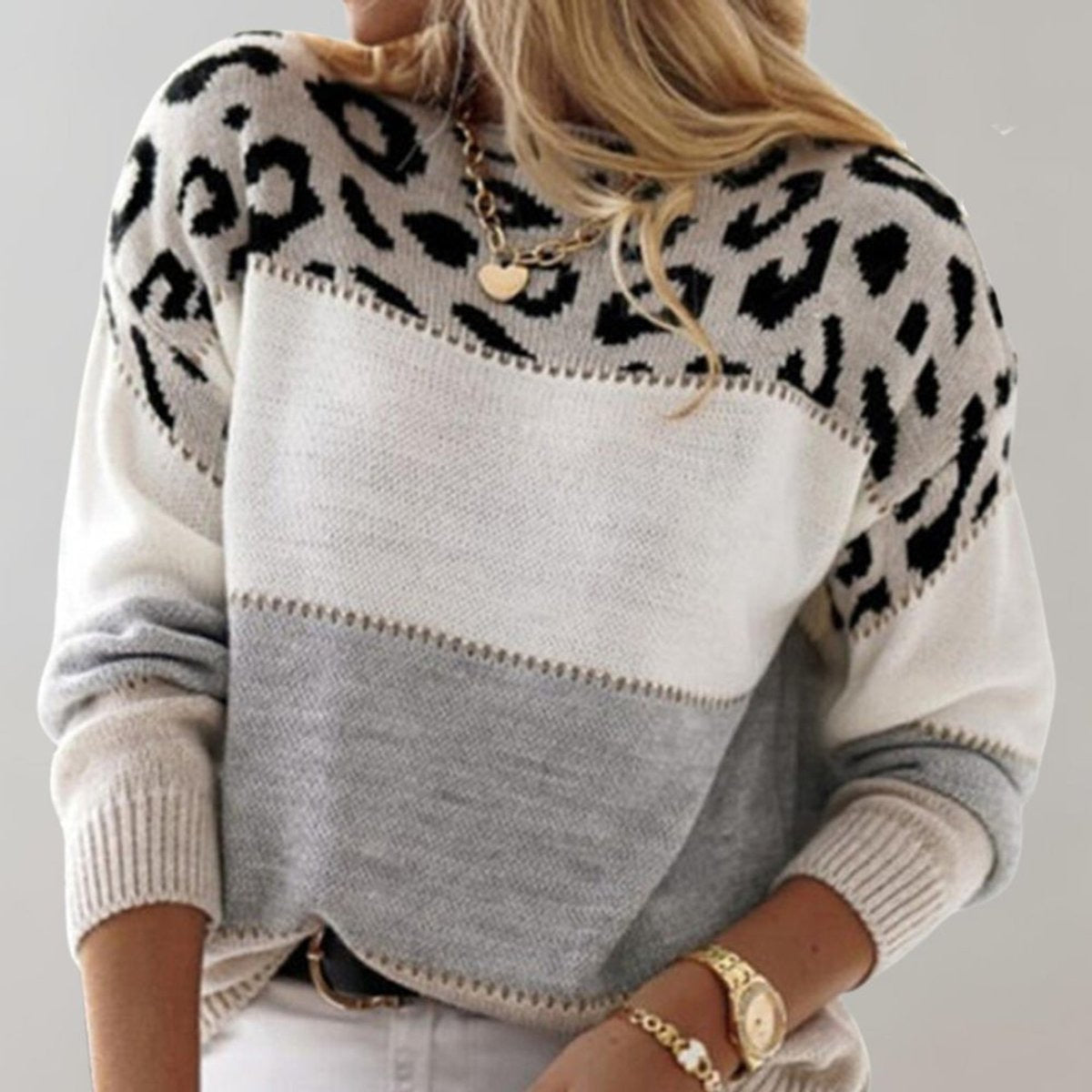 Pullis Damen Strickpullover mit Leopardenmuster und Colorblock