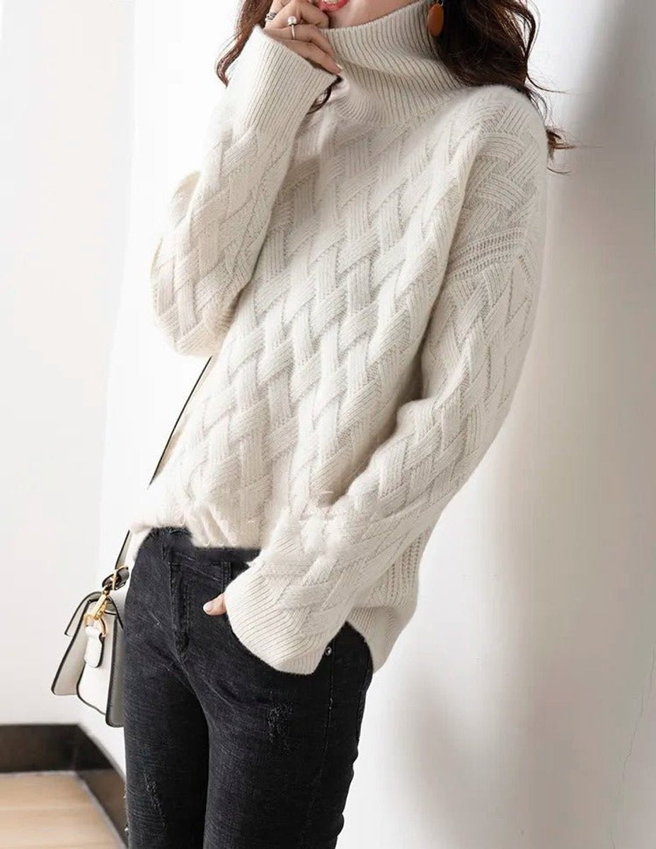 Pullis Damen Strickpullover mit Rollkragen und Zopfmuster, Oversize