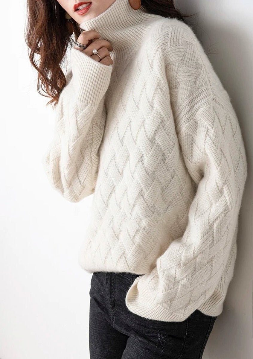 Pullis Damen Strickpullover mit Rollkragen und Zopfmuster, Oversize