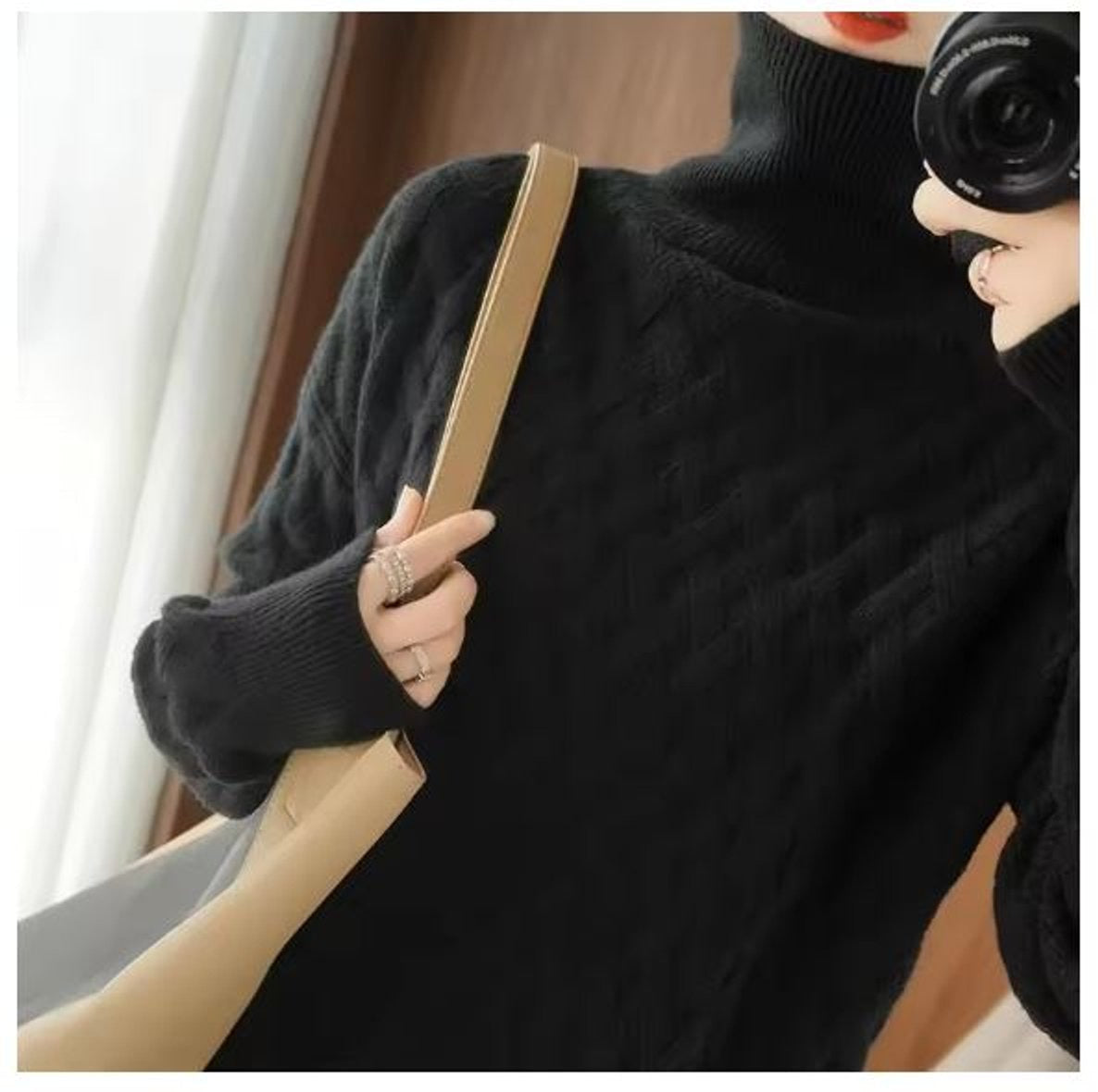 Pullis Damen Strickpullover mit Rollkragen und Zopfmuster, Oversize