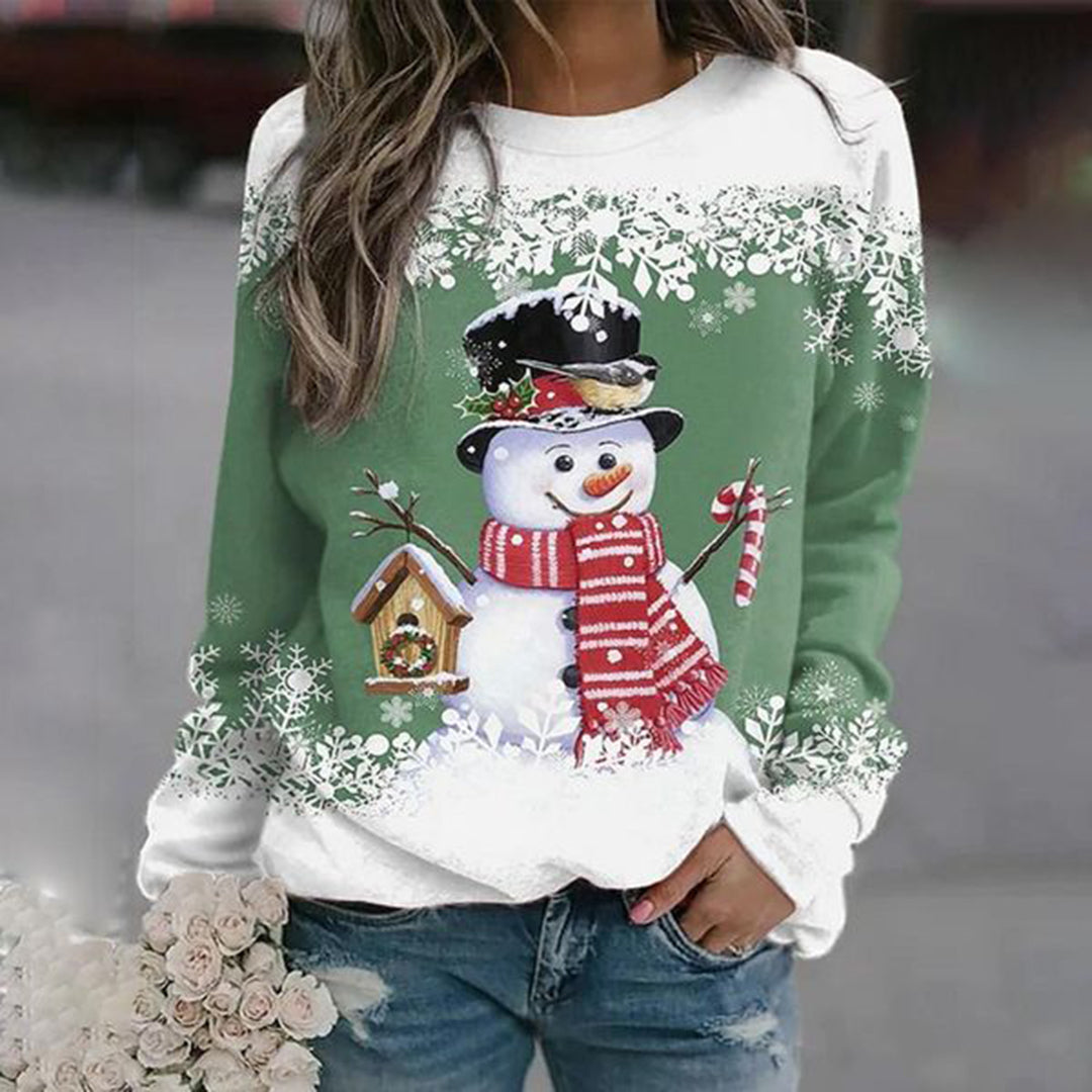 Pullis Damen Weihnachtspullover mit Schneemann-Motiv lockere Passform