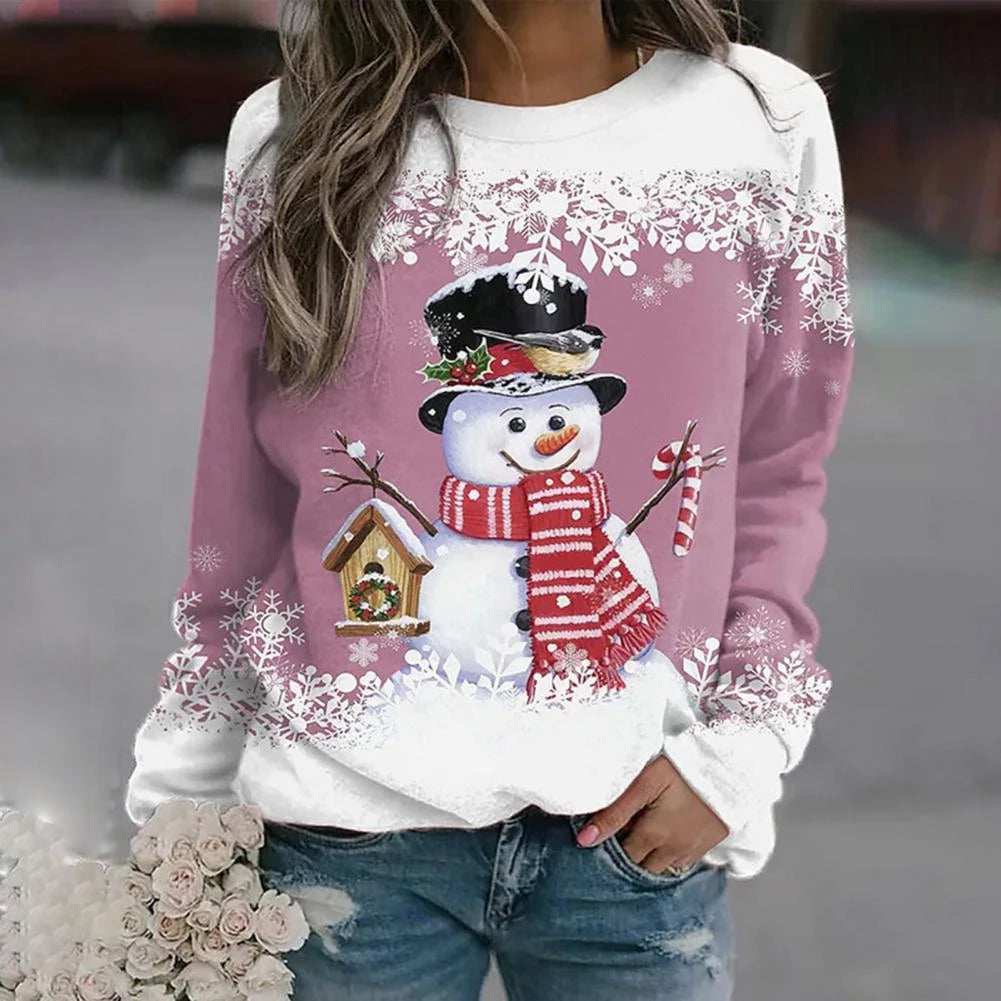 Pullis Damen Weihnachtspullover mit Schneemann-Motiv lockere Passform