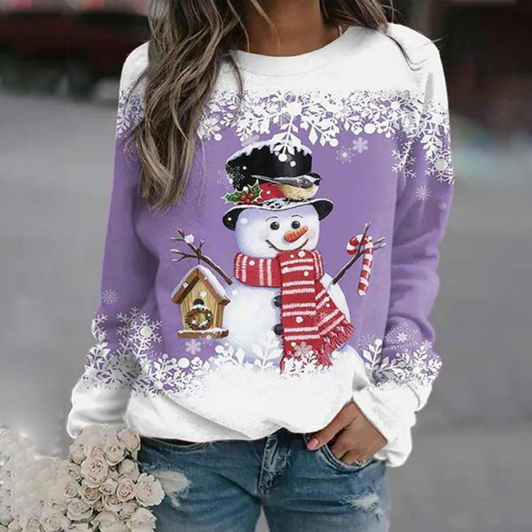 Pullis Damen Weihnachtspullover mit Schneemann-Motiv lockere Passform
