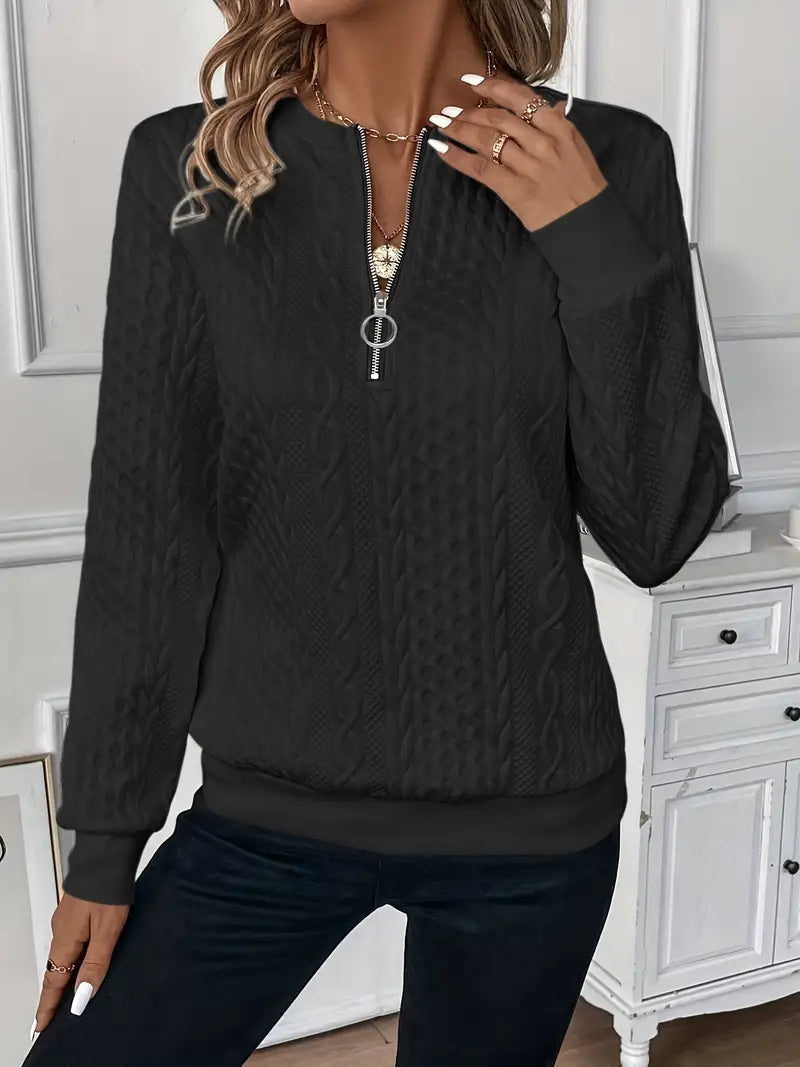 Pullover mit Zopfmuster und Reißverschlusskragen für Damen - Ansicht 6