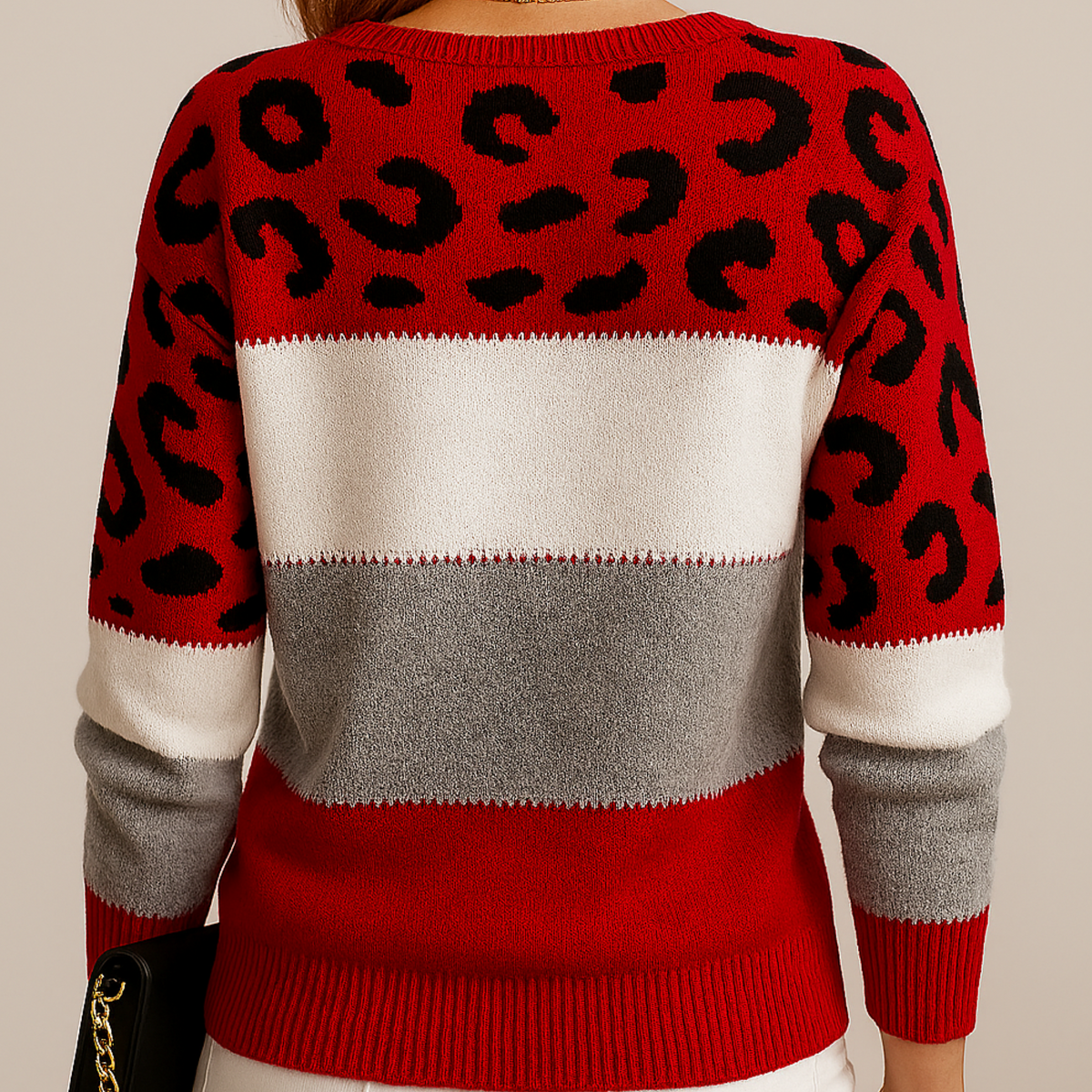 Pullover mit Leopardenmuster und Farbblöcken für Damen in Rot - Ansicht 6