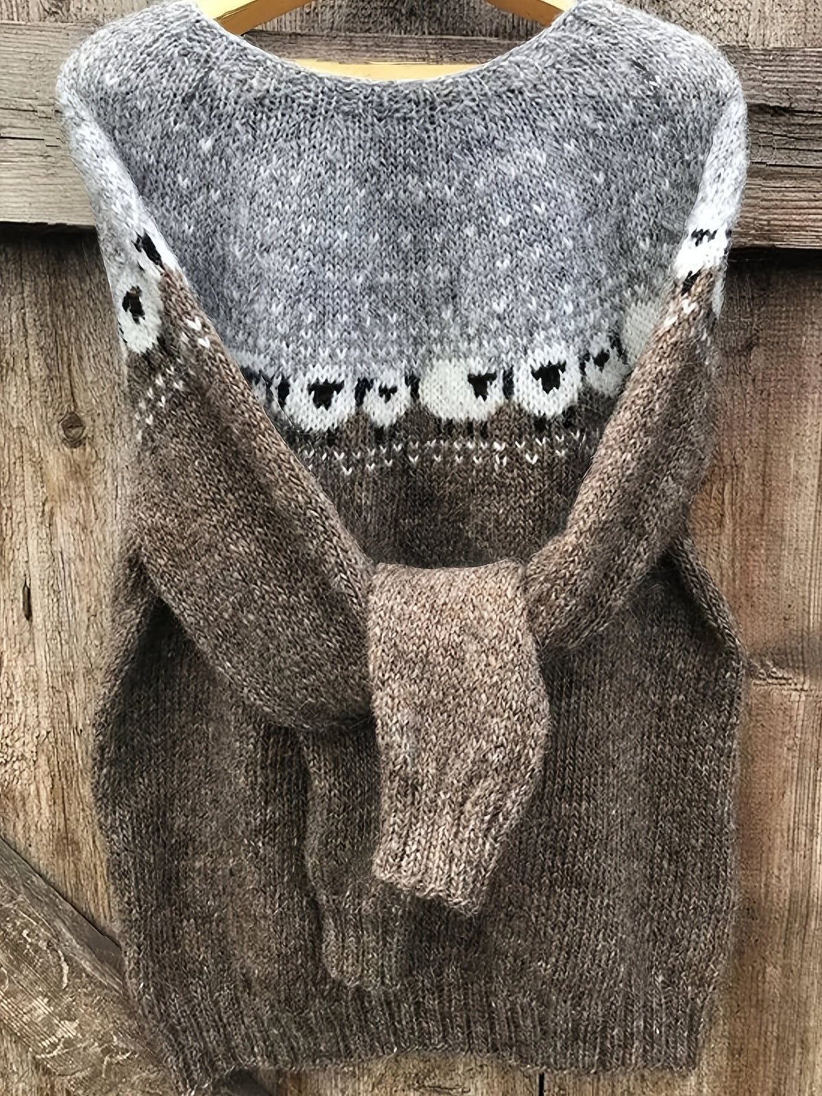 Pullover Damen mit Jacquardborte aus dickem Grobstrick zweifarbig