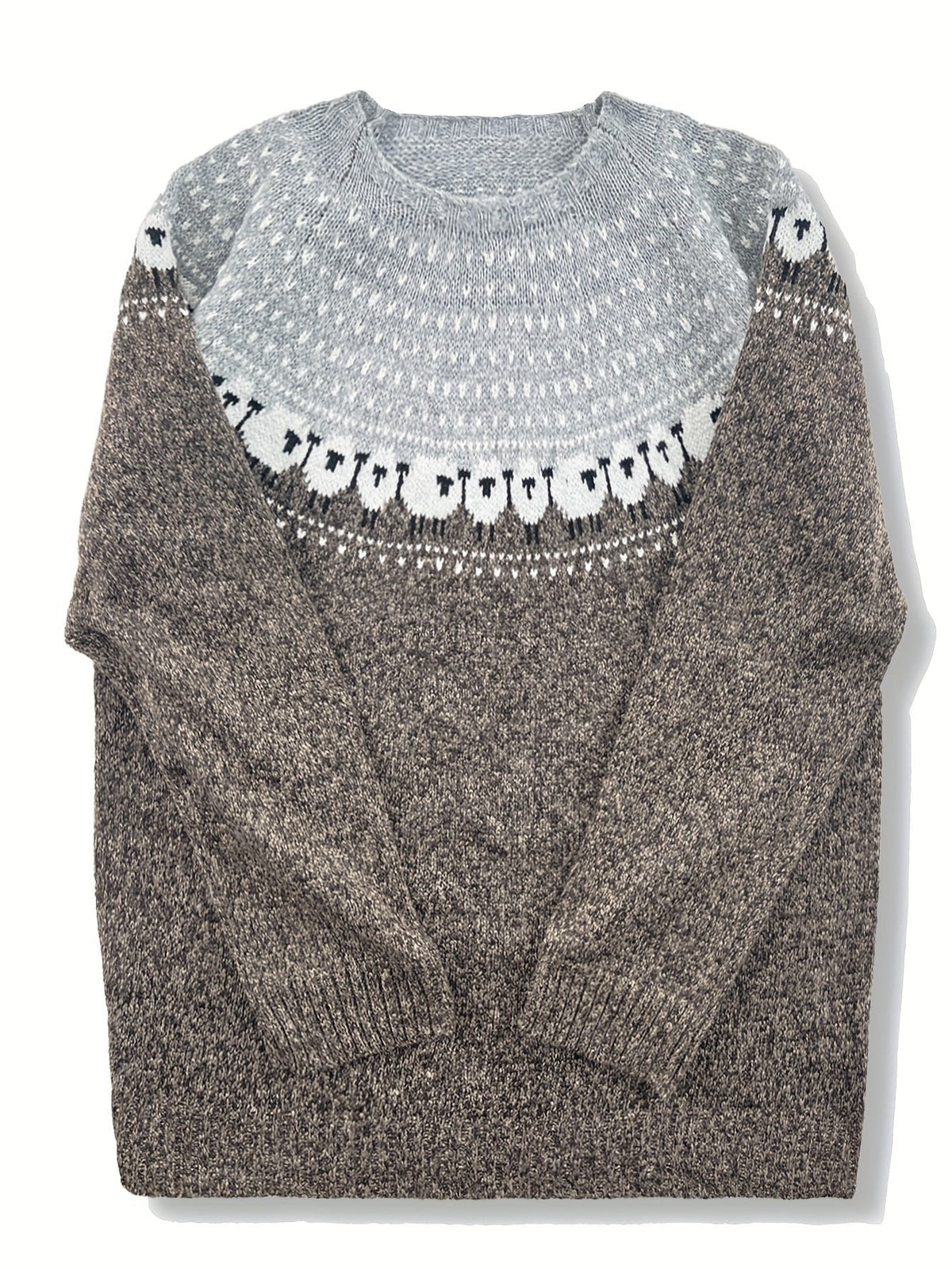 Pullover Damen mit Jacquardborte aus dickem Grobstrick zweifarbig