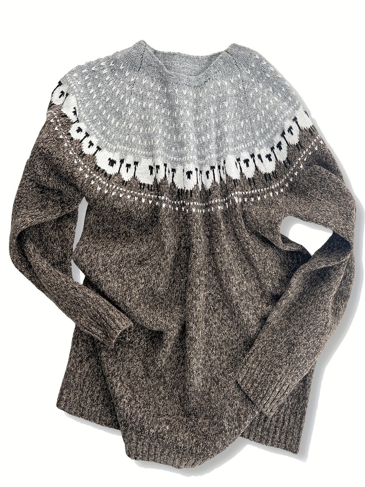Pullover Damen mit Jacquardborte aus dickem Grobstrick zweifarbig