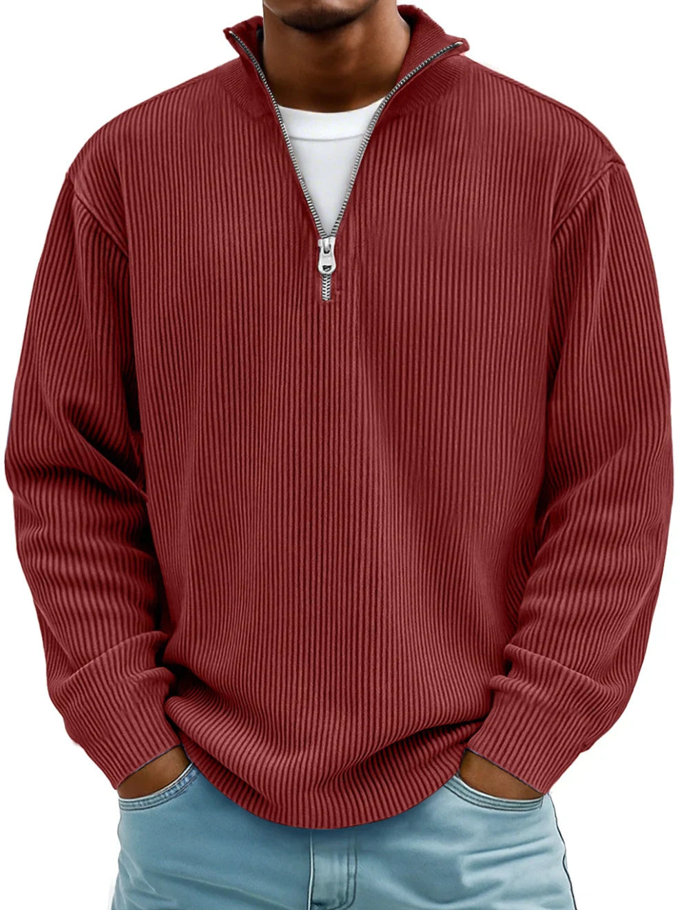 Pullover mit Rippenstruktur und Half-Zip-Kragen für Herren in Rot