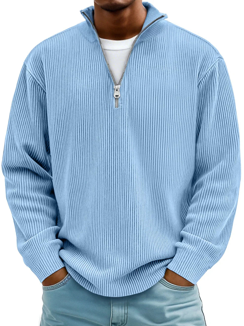 Pullover mit Rippenstruktur und Half-Zip-Kragen für Herren in Blau - Ansicht 2