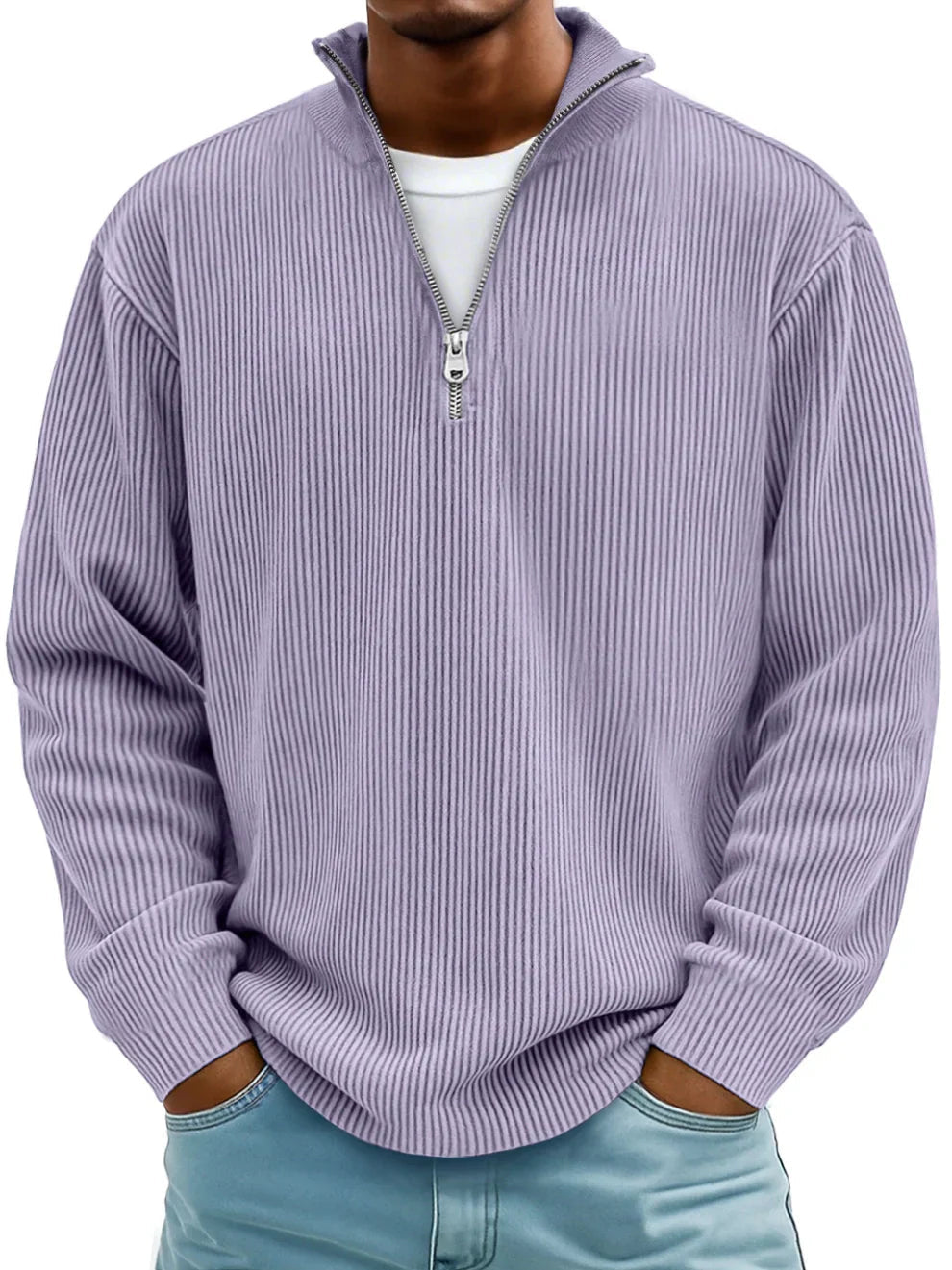 Pullover mit Rippenstruktur und Half-Zip-Kragen für Herren in Violett - Ansicht 3