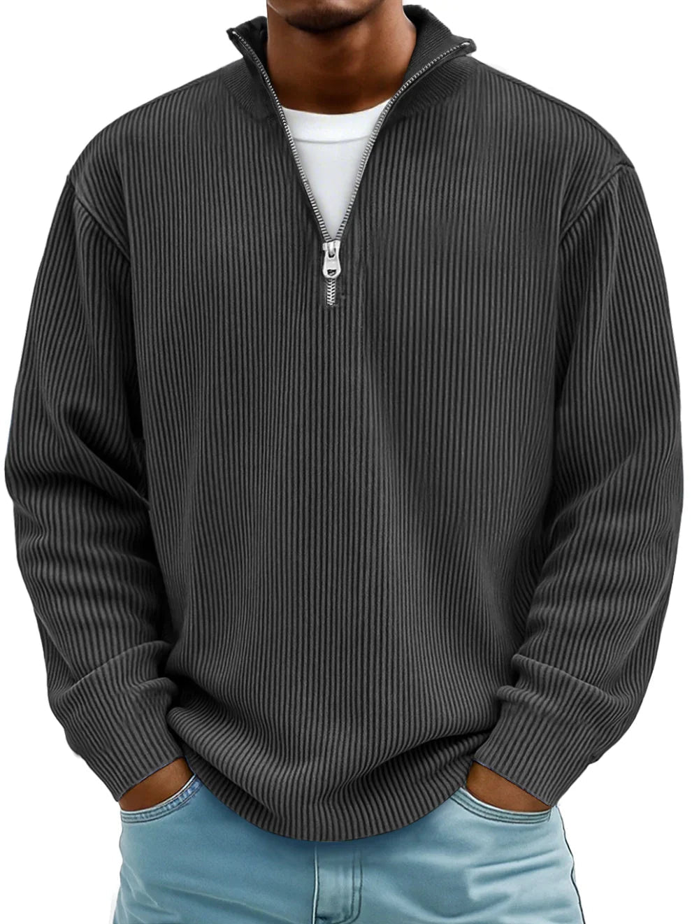Pullover mit Rippenstruktur und Half-Zip-Kragen für Herren in Schwarz - Ansicht 4