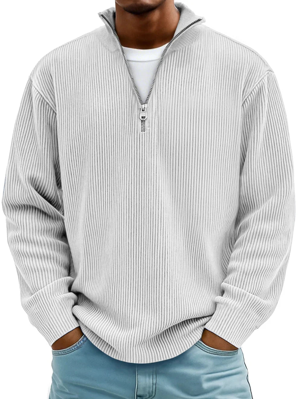 Pullover mit Rippenstruktur und Half-Zip-Kragen für Herren in Weiß - Ansicht 5