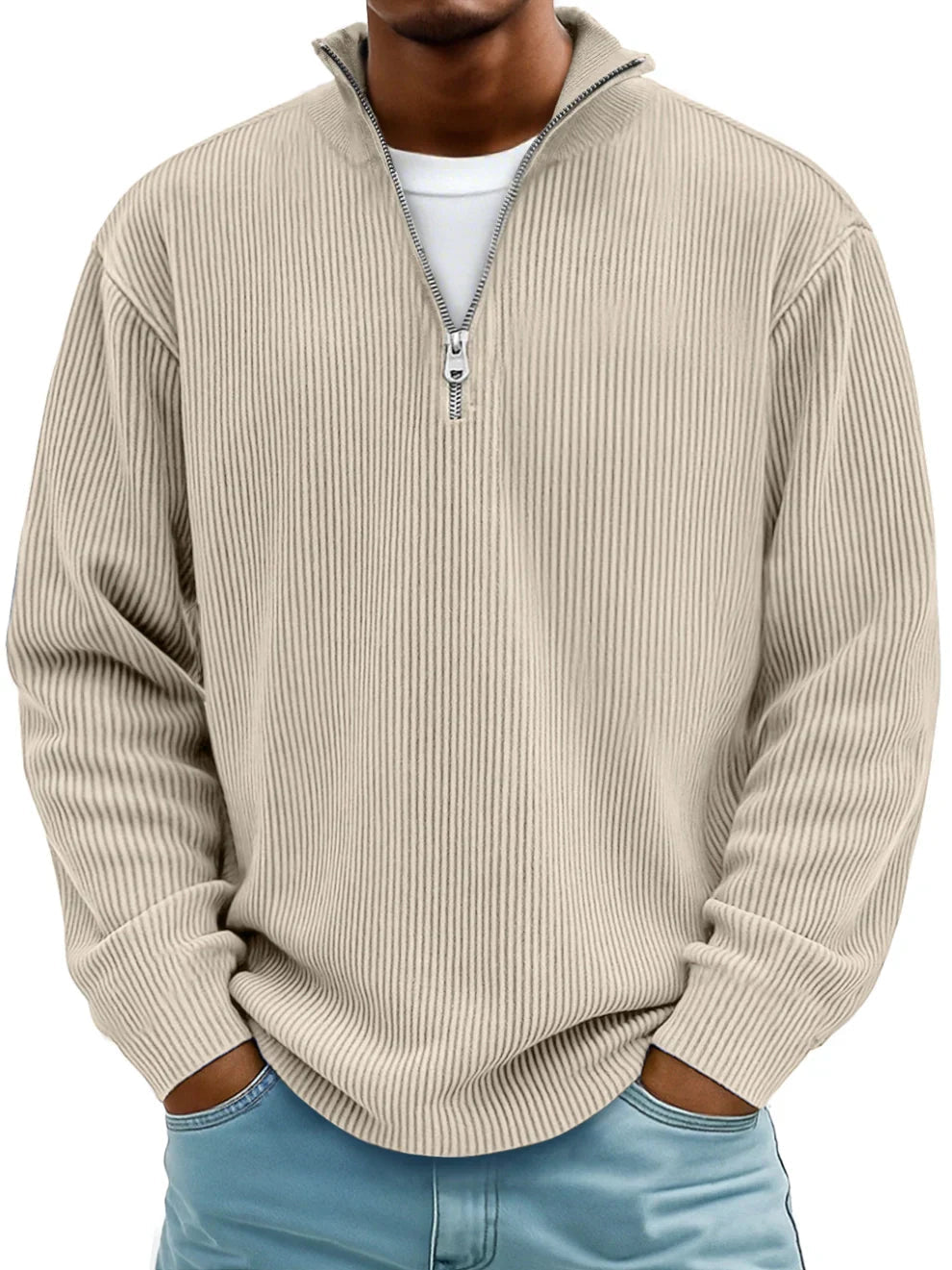 Pullover mit Rippenstruktur und Half-Zip-Kragen für Herren in Khaki - Ansicht 7