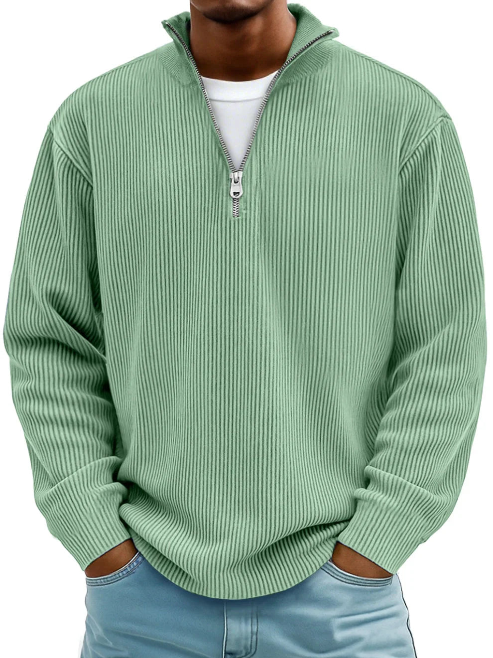 Pullover mit Rippenstruktur und Half-Zip-Kragen für Herren in Grün - Ansicht 8