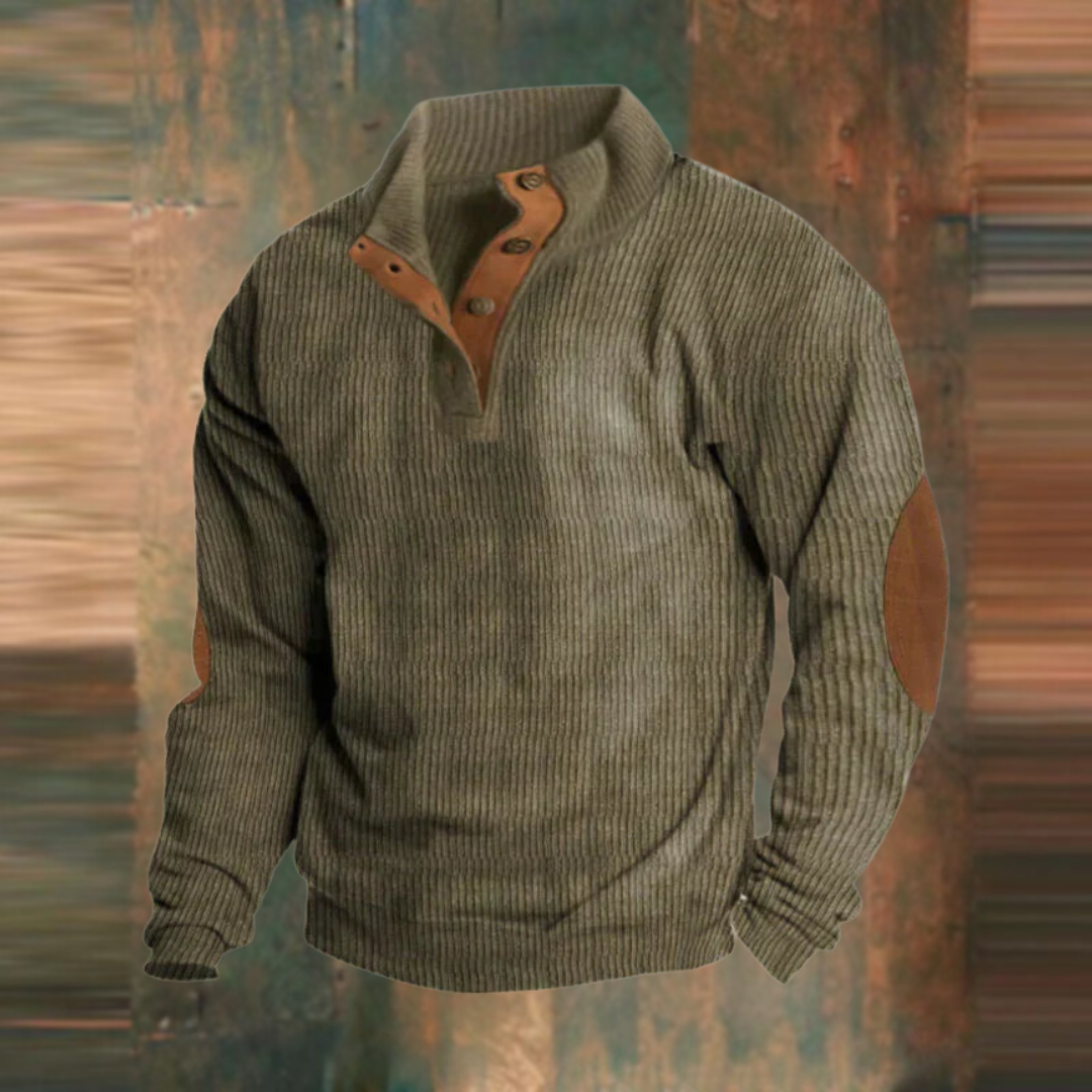 Gerippter Pullover mit Knopfleiste am Kragen für Herren in Grün
