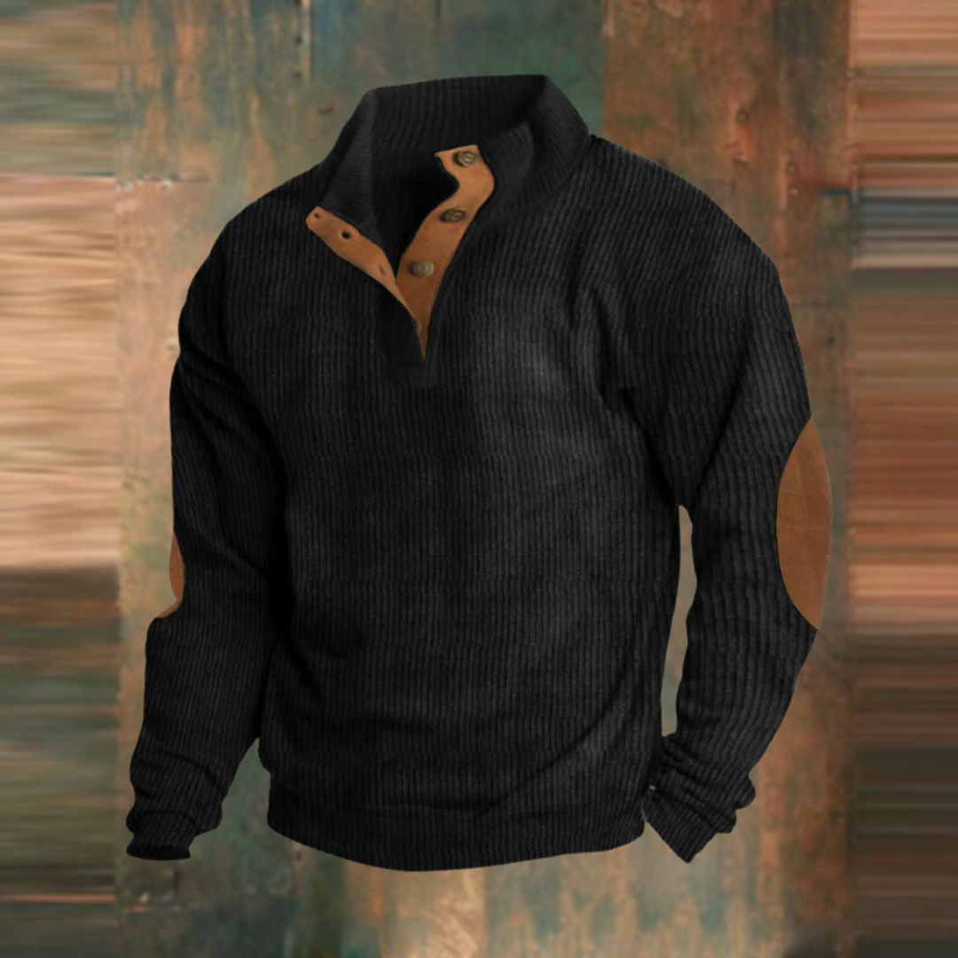 Gerippter Pullover mit Knopfleiste am Kragen für Herren in Schwarz - Ansicht 5