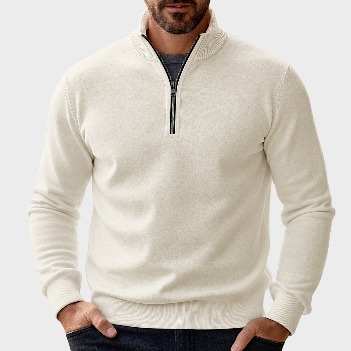 Pullover mit kurzem Reißverschluss und Stehkragen für Herren in Beige - Ansicht 3