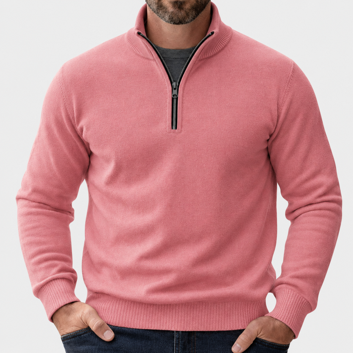 Pullover mit kurzem Reißverschluss und Stehkragen für Herren in Rosa - Ansicht 8