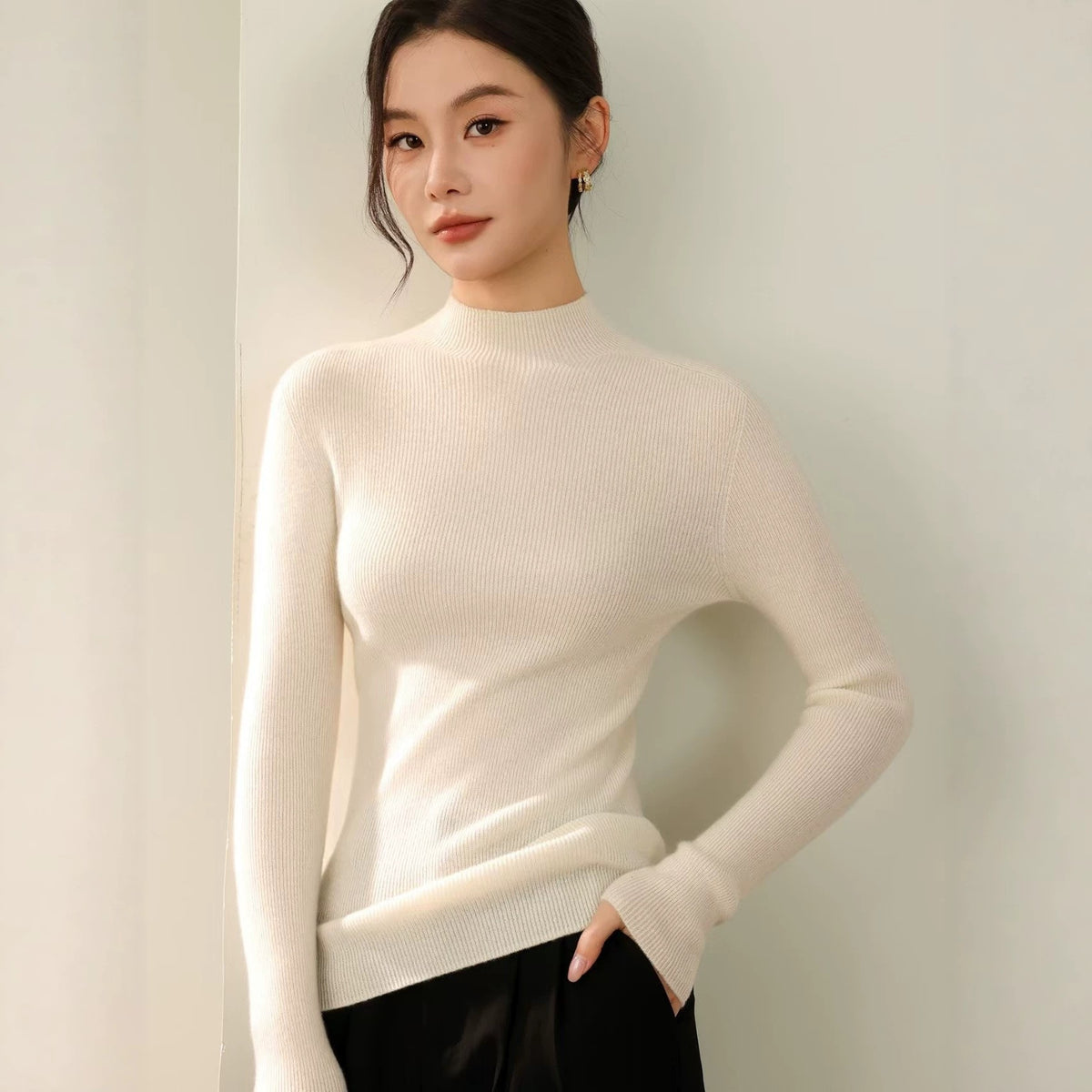Pullover mit Rippstruktur und halbhohem Kragen für Damen