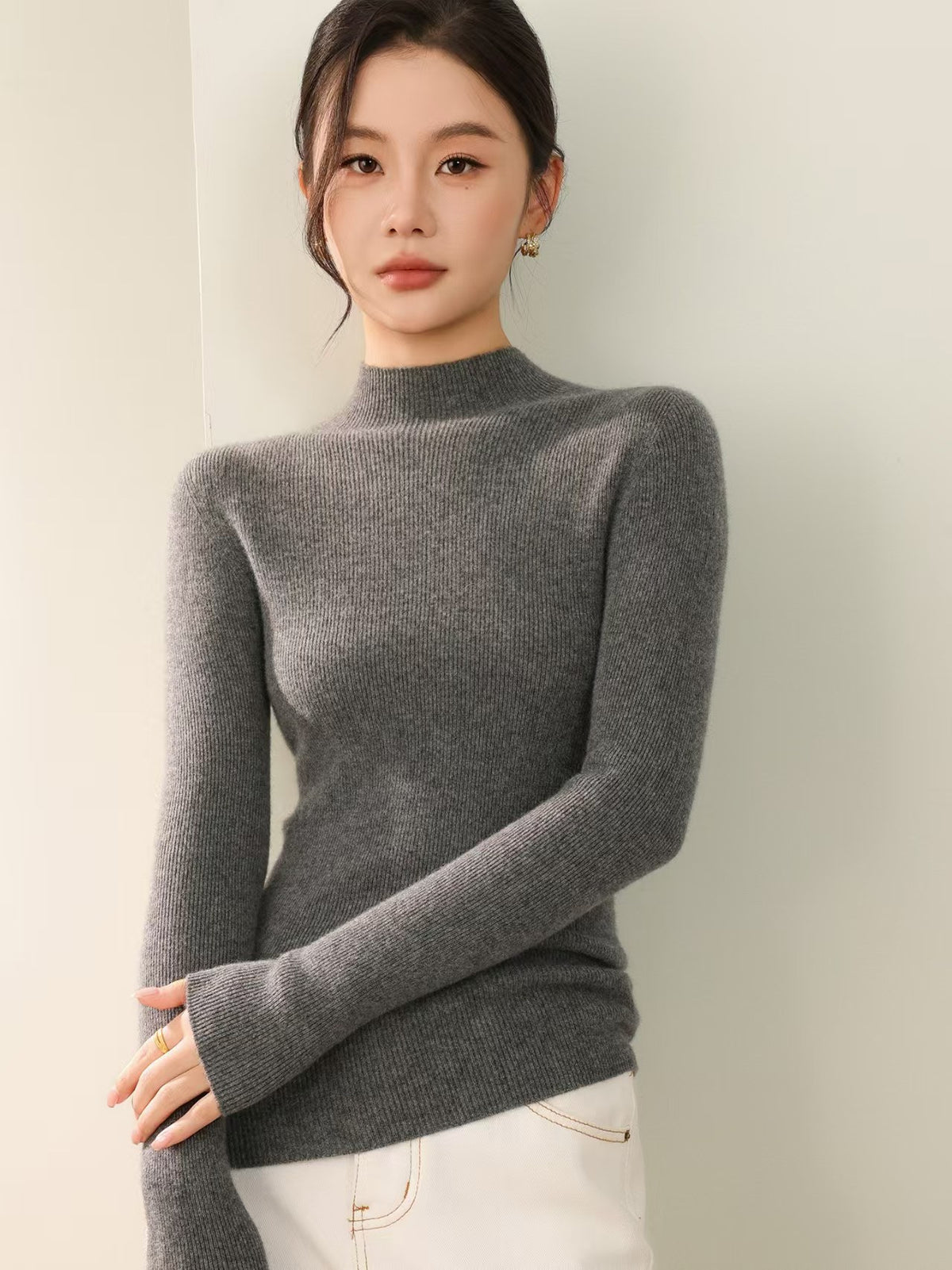 Pullover mit Rippstruktur und halbhohem Kragen für Damen