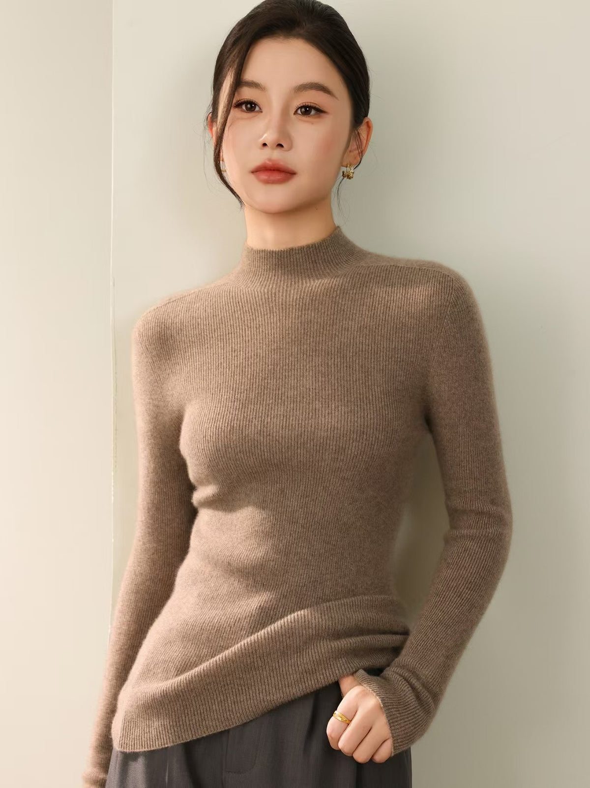 Pullover mit Rippstruktur und halbhohem Kragen für Damen