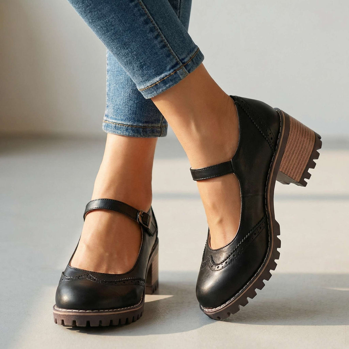 Pumps mit T-Riemchen und Blockabsatz für Damen