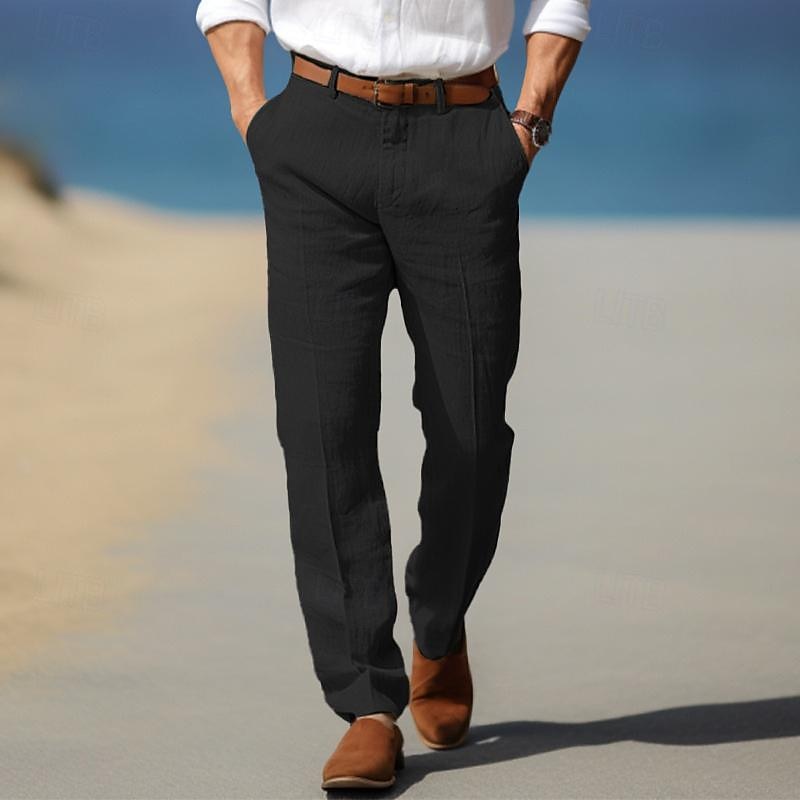 Herren Chinohose in Leinen-Optik mit geradem Bein, Schwarz