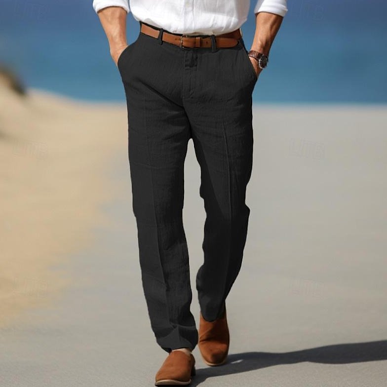 Bayer Modehaus - Herren Chinohose mit Bügelfalte und geradem Bein, Leinen-Optik in Schwarz