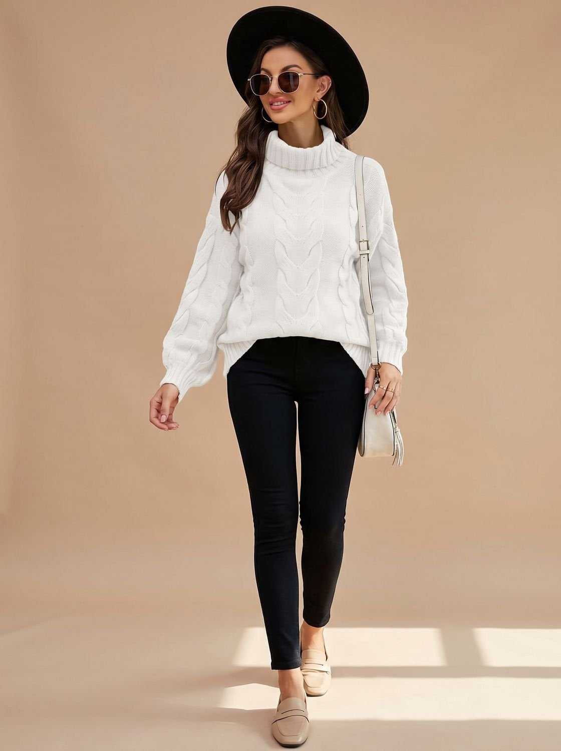 Rollkragen Zopfmuster Strickpullover Damen locker, hüftlang