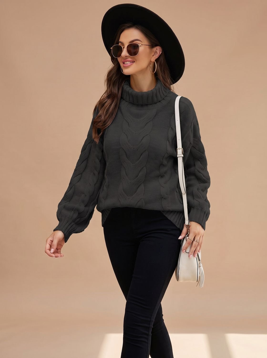 Rollkragen Zopfmuster Strickpullover Damen locker, hüftlang