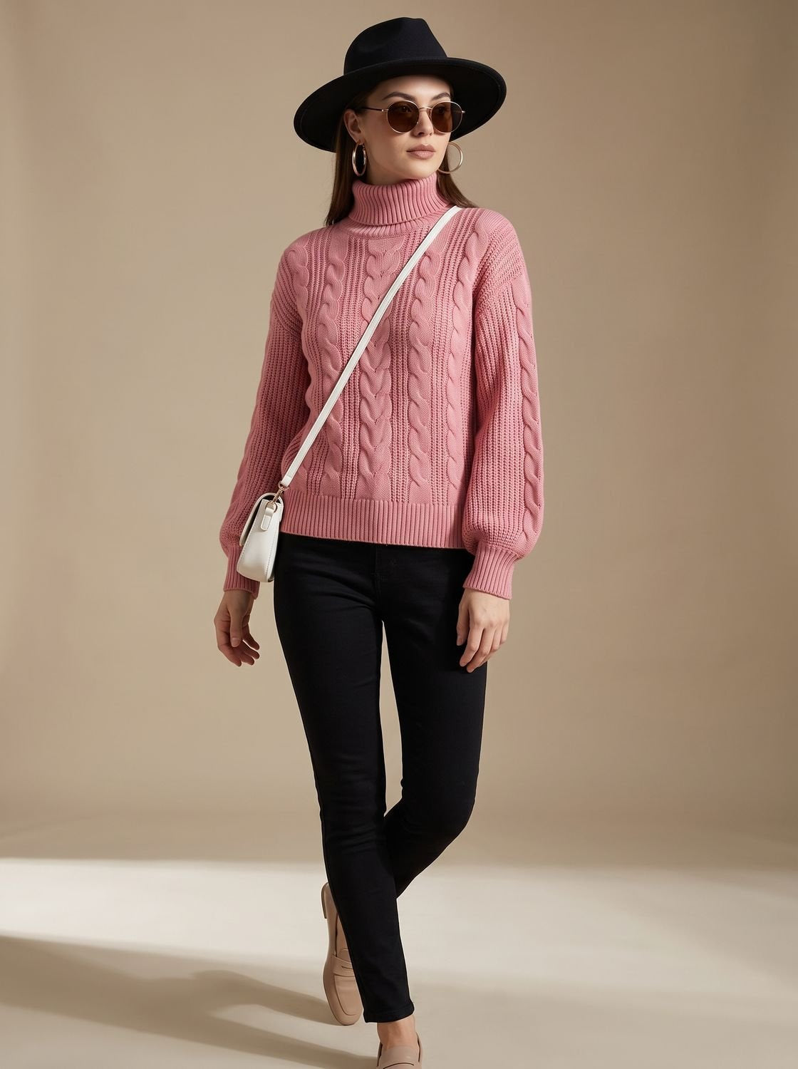 Rollkragen Zopfmuster Strickpullover Damen locker, hüftlang