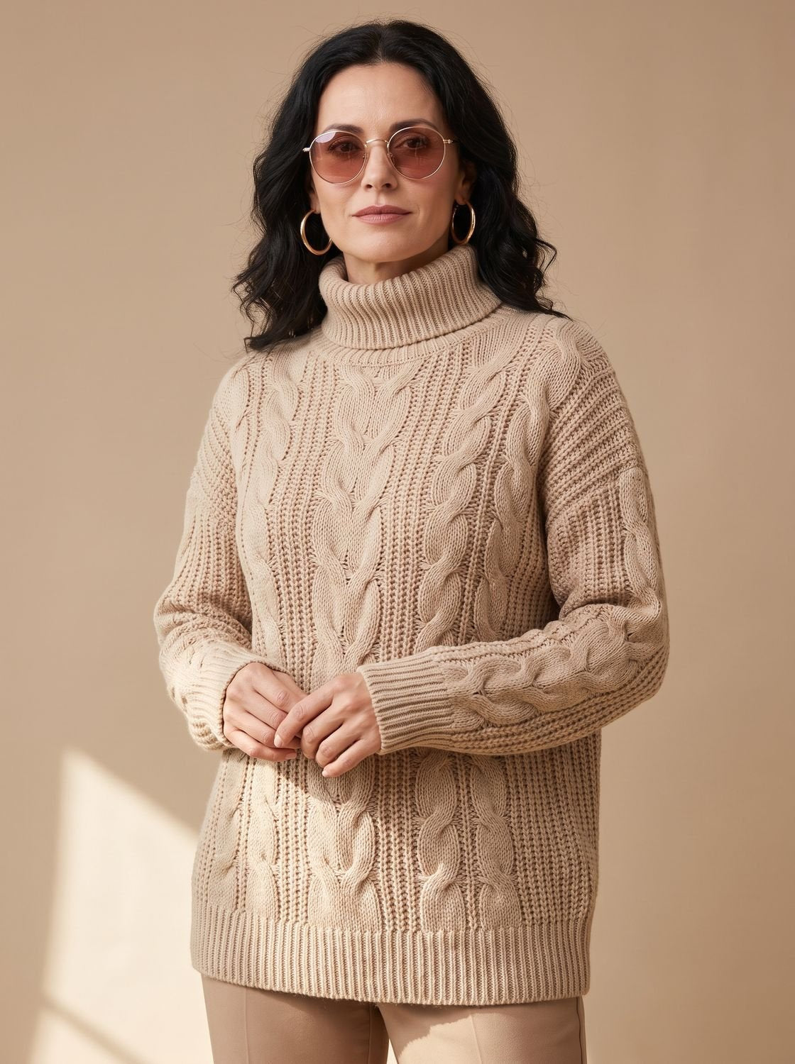 Rollkragen Zopfmuster Strickpullover Damen locker, hüftlang