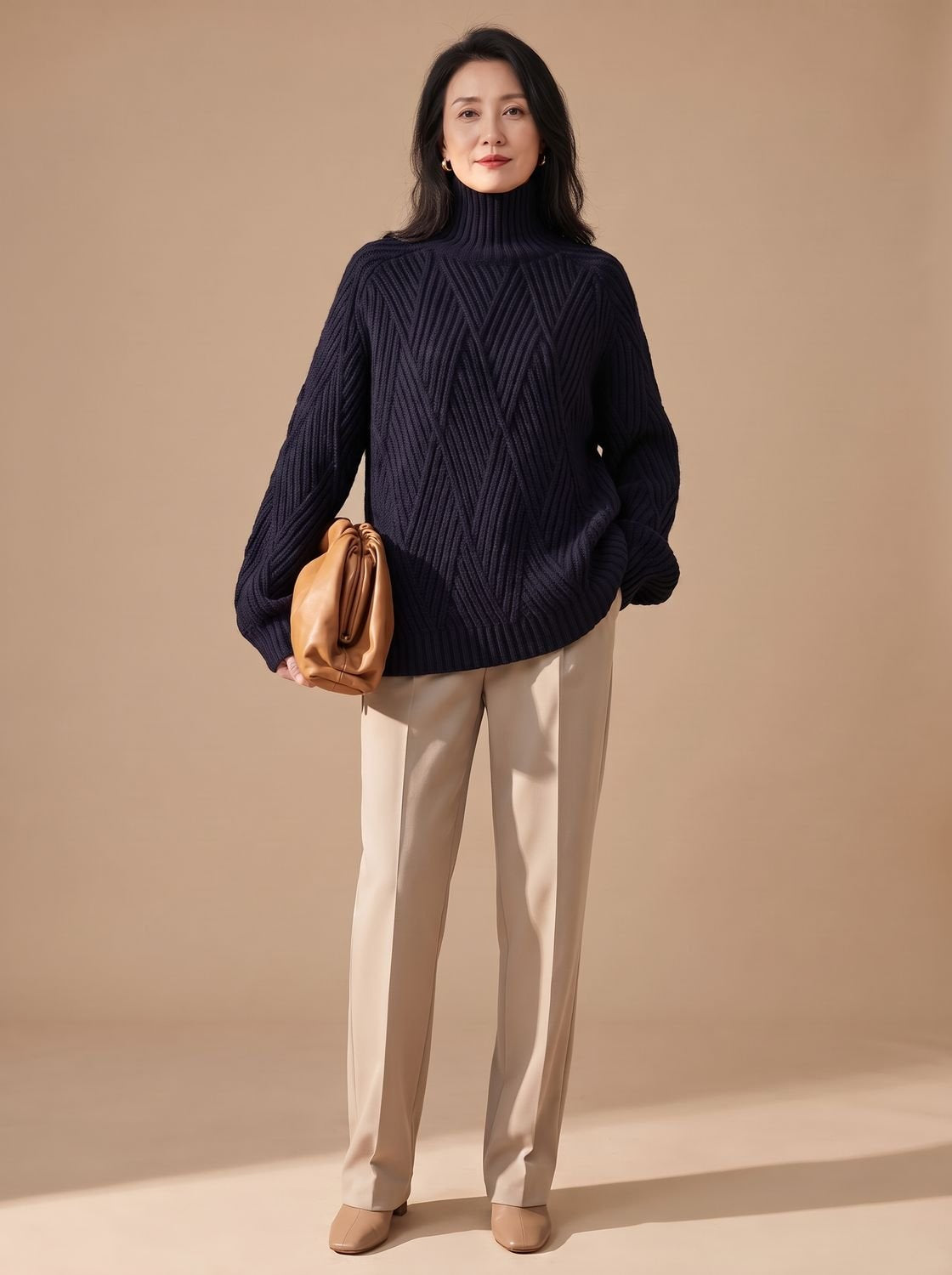 Rollkragenpullover Damen aus Baumwollmischung, Oversize mit Zopfmuster